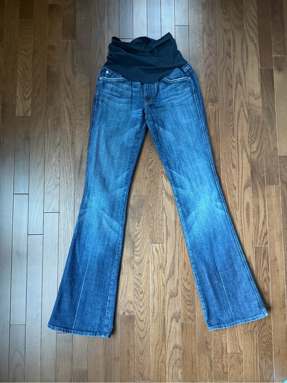 7 For All Mankind Dark Blue Maternity Flare Jeans with Black Panel